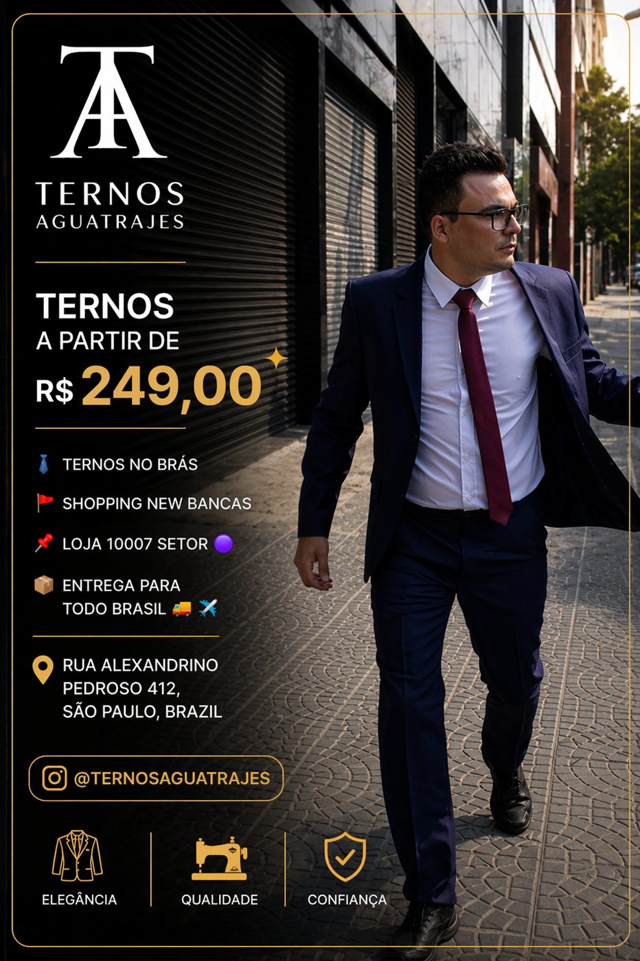 Anúncio Ternos Aguatrajes com modelo de terno azul-marinho
