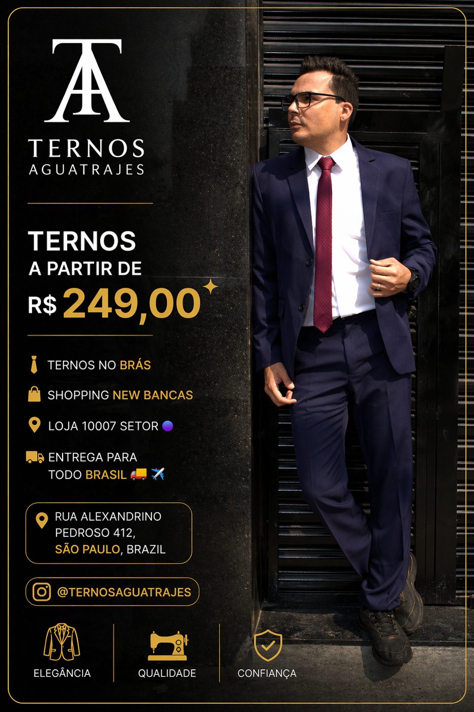 Anúncio Ternos Aguatrajes com modelo encostado na porta
