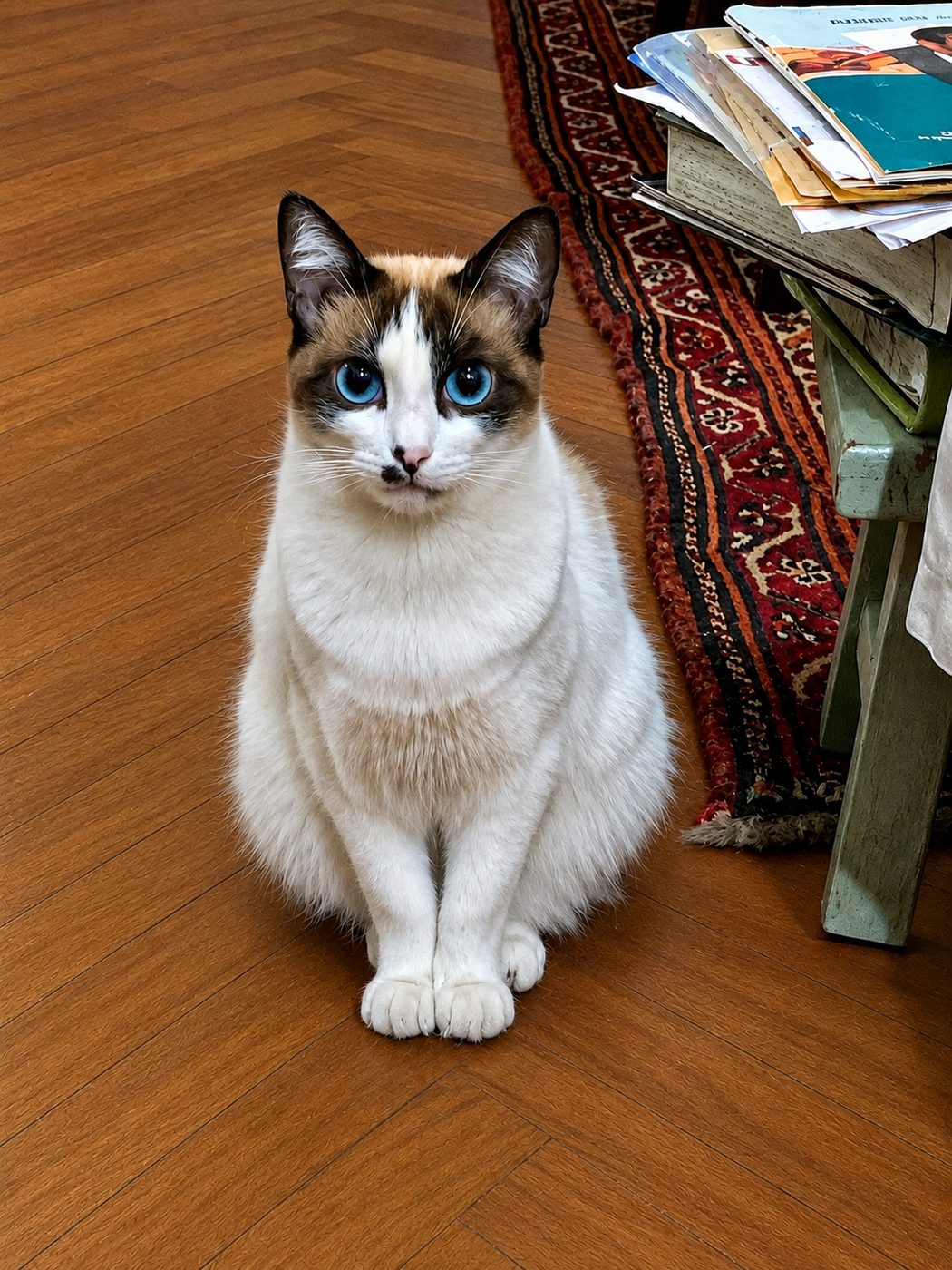 Gato siamês de olhos azuis sentado no piso de madeira